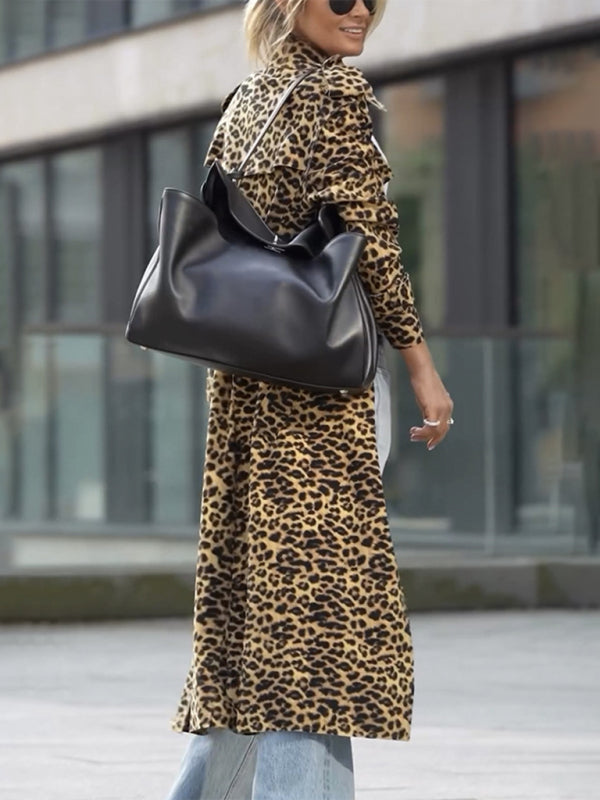 Leopard Print Notch Lapel Coat Evening Windbreaker Coats | Chuzko.com