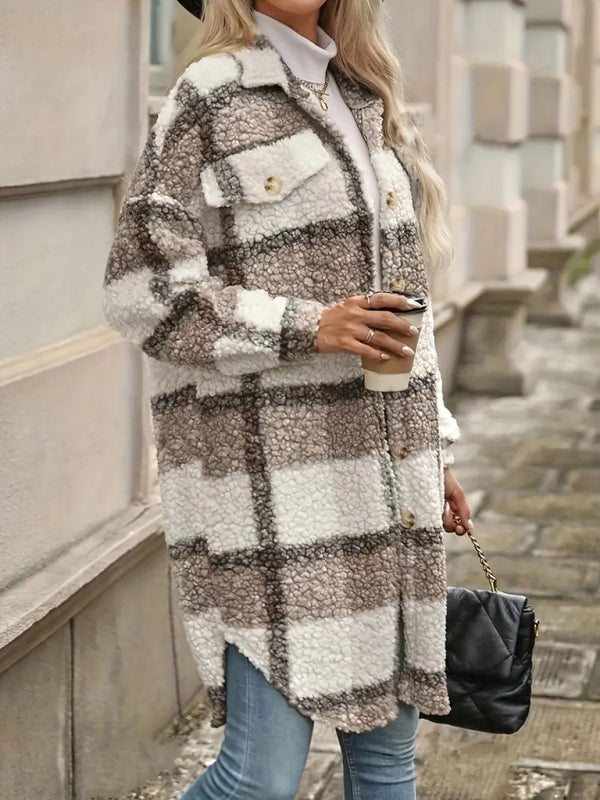 Autumn Plush Checkered Longline Jacket Shirt Layer Plush Coats | Chuzko.com