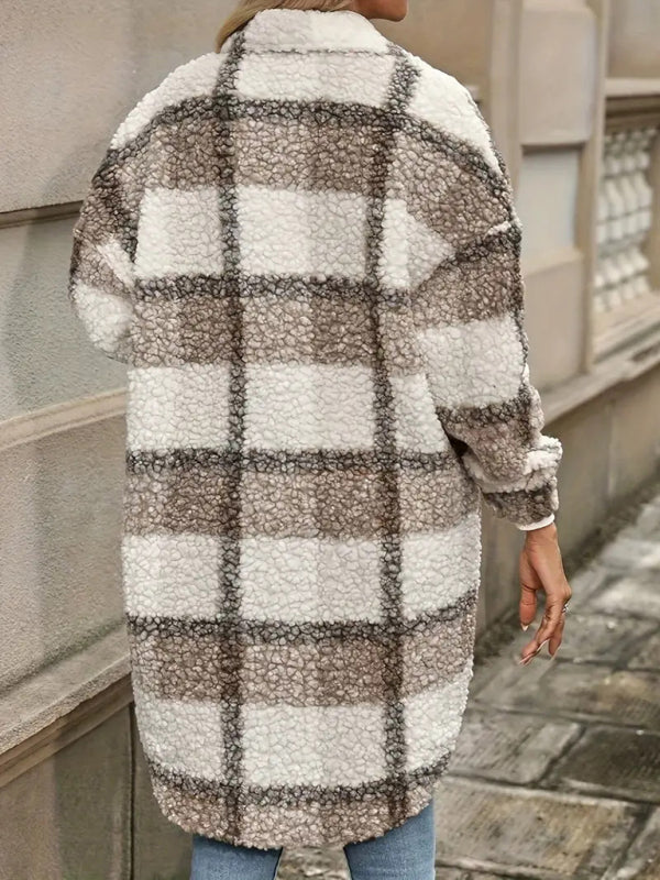 Autumn Plush Checkered Longline Jacket Shirt Layer Plush Coats | Chuzko.com