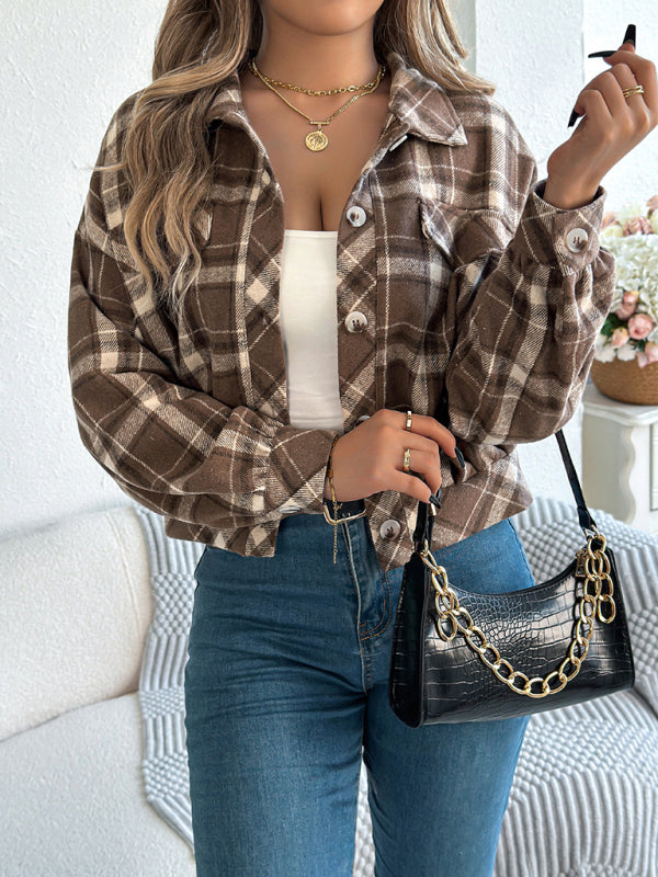 Tan Plaid Shacket Autumn Crop Jacket Jackets | Chuzko.com