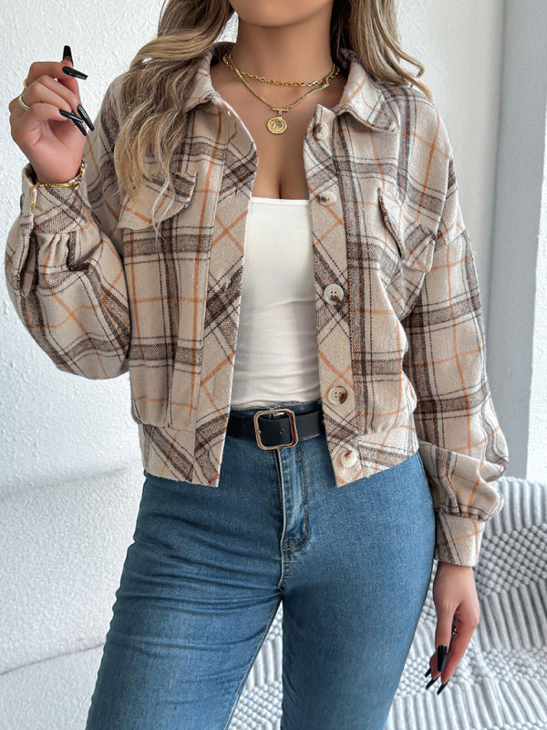 Tan Plaid Shacket Autumn Crop Jacket Jackets | Chuzko.com