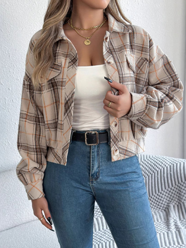 Tan Plaid Shacket Autumn Crop Jacket Jackets | Chuzko.com