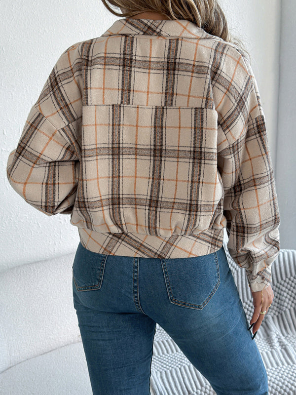 Tan Plaid Shacket Autumn Crop Jacket Jackets | Chuzko.com