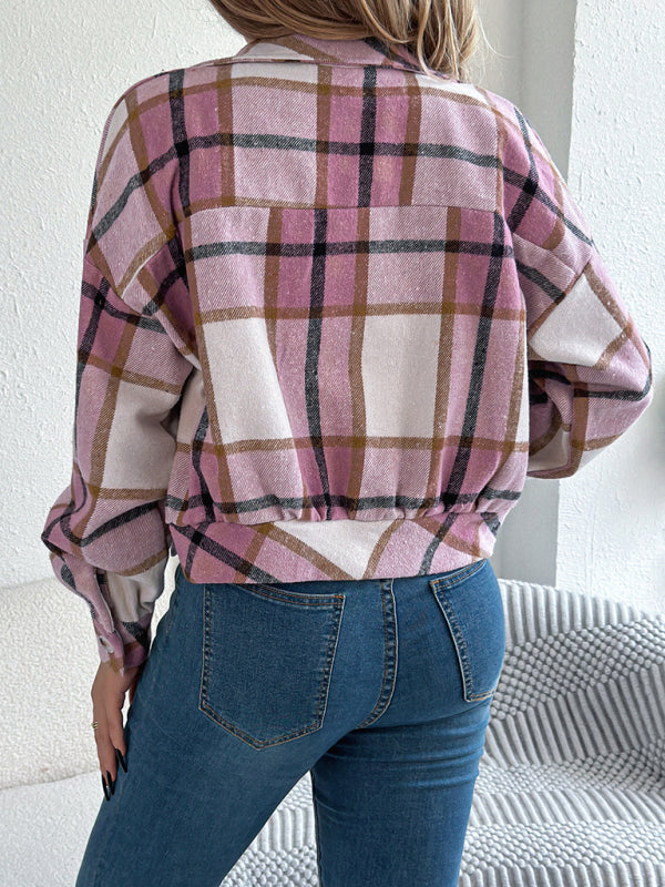 Tan Plaid Shacket Autumn Crop Jacket Jackets | Chuzko.com