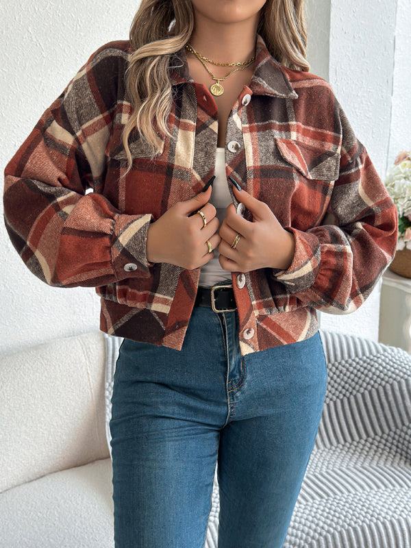 Tan Plaid Shacket Autumn Crop Jacket Jackets | Chuzko.com