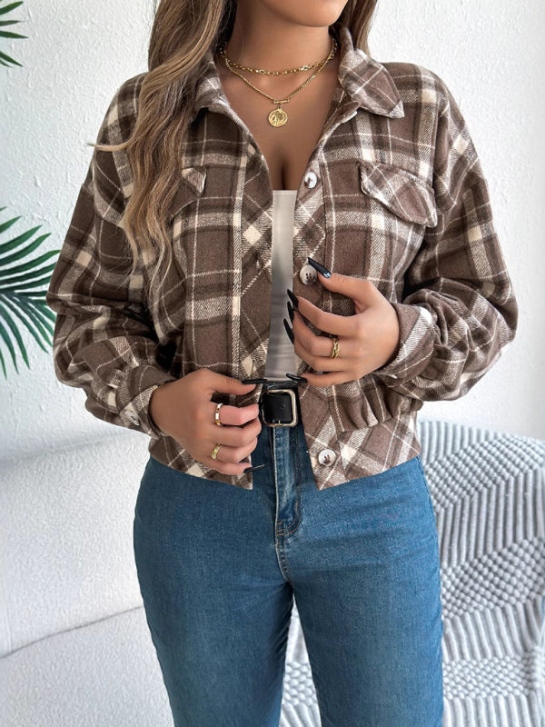 Tan Plaid Shacket Autumn Crop Jacket Jackets | Chuzko.com