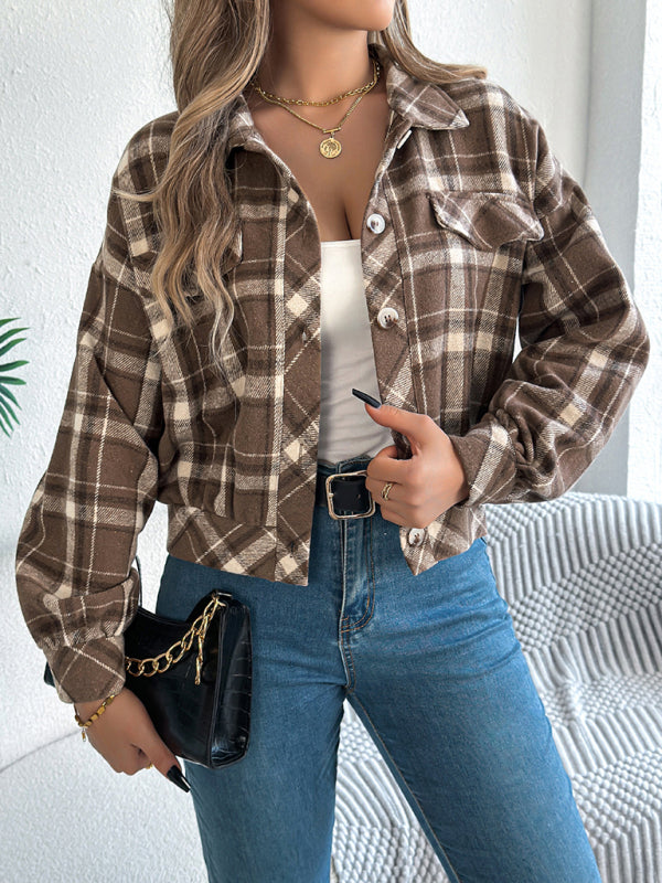 Tan Plaid Shacket Autumn Crop Jacket Jackets | Chuzko.com