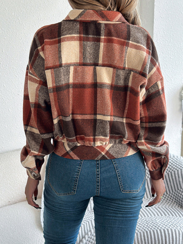 Tan Plaid Shacket Autumn Crop Jacket Jackets | Chuzko.com