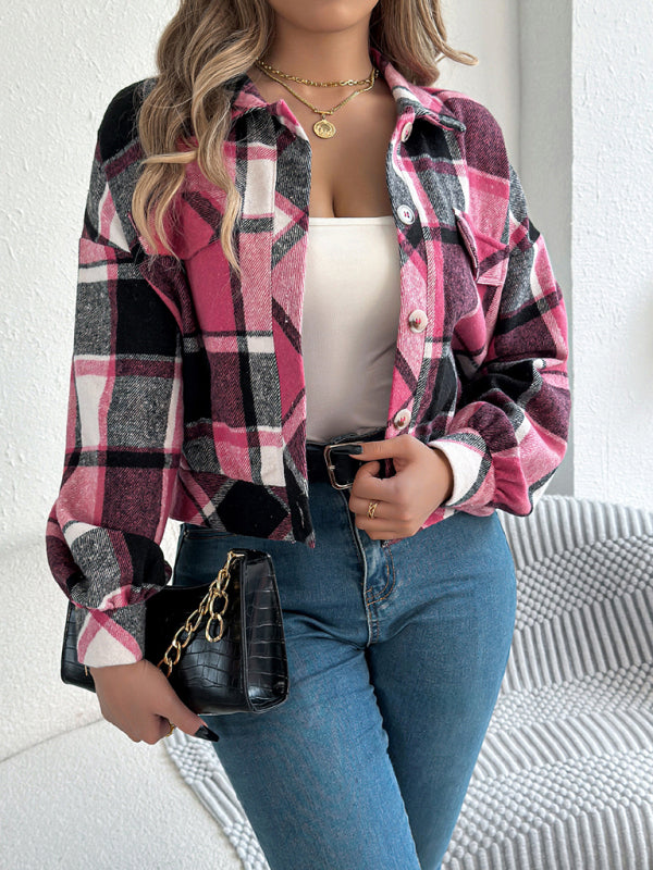 Tan Plaid Shacket Autumn Crop Jacket Jackets | Chuzko.com