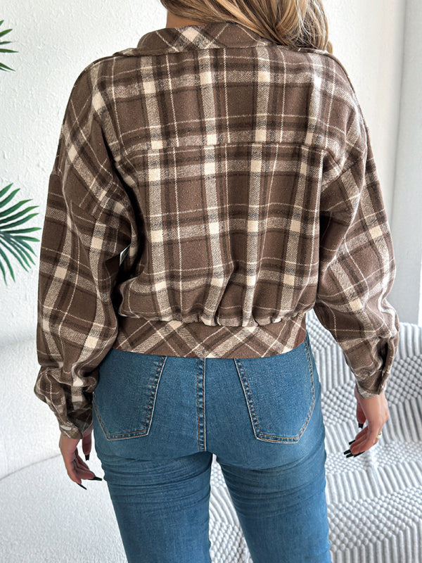 Tan Plaid Shacket Autumn Crop Jacket Jackets | Chuzko.com