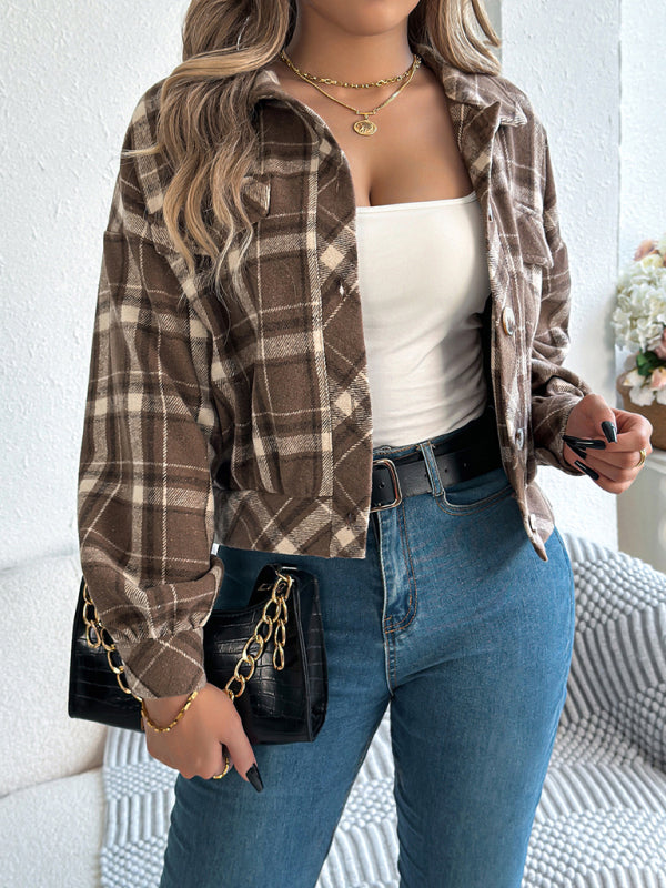 Tan Plaid Shacket Autumn Crop Jacket Jackets | Chuzko.com