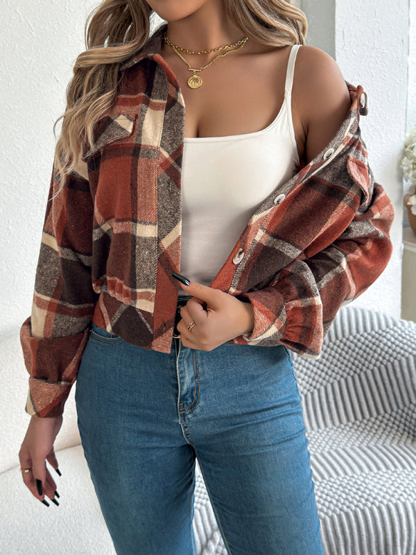 Tan Plaid Shacket Autumn Crop Jacket Jackets | Chuzko.com