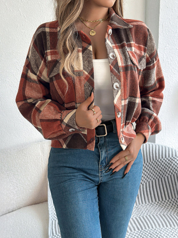 Tan Plaid Shacket Autumn Crop Jacket Jackets | Chuzko.com