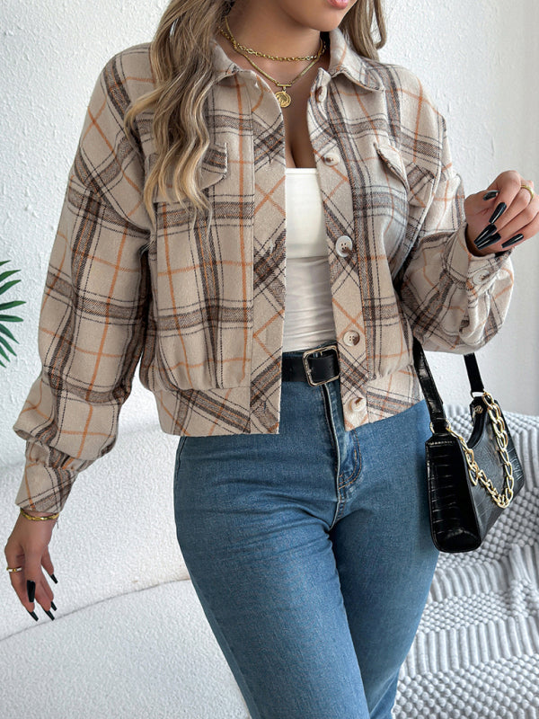 Tan Plaid Shacket Autumn Crop Jacket Jackets | Chuzko.com