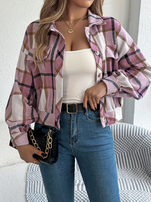 Tan Plaid Shacket Autumn Crop Jacket Jackets | Chuzko.com