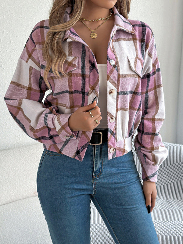 Tan Plaid Shacket Autumn Crop Jacket Jackets | Chuzko.com