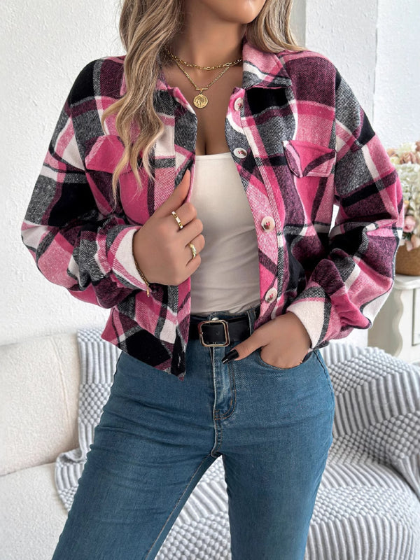 Tan Plaid Shacket Autumn Crop Jacket Jackets | Chuzko.com