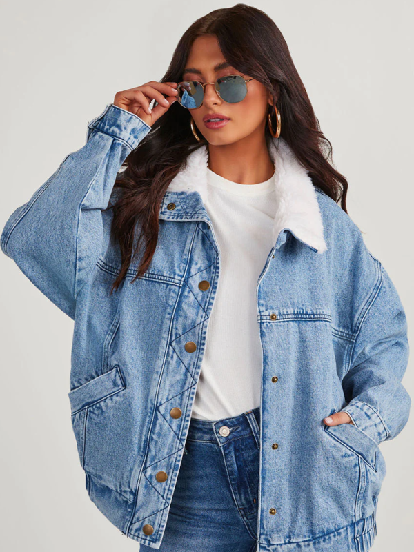 Hip-Length Denim Jacket with Fur Collar Denim Jackets | Chuzko.com