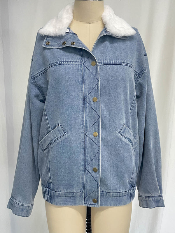 Hip-Length Denim Jacket with Fur Collar Denim Jackets | Chuzko.com