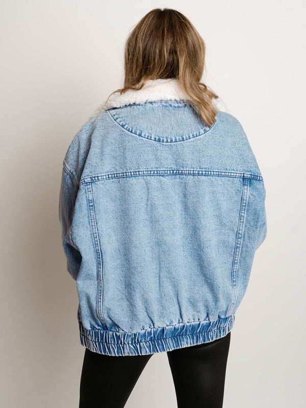 Hip-Length Denim Jacket with Fur Collar Denim Jackets | Chuzko.com