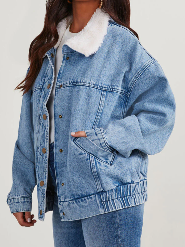 Hip-Length Denim Jacket with Fur Collar Denim Jackets | Chuzko.com