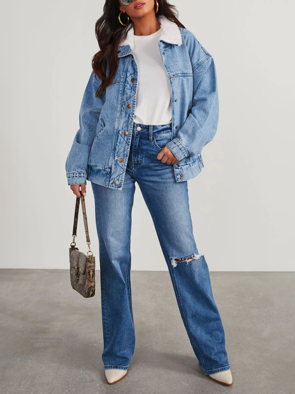 Hip-Length Denim Jacket with Fur Collar Denim Jackets | Chuzko.com