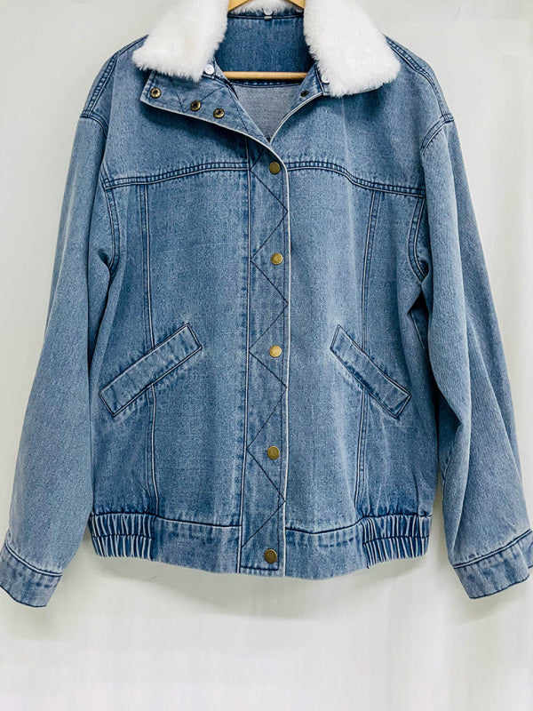 Hip-Length Denim Jacket with Fur Collar Denim Jackets | Chuzko.com