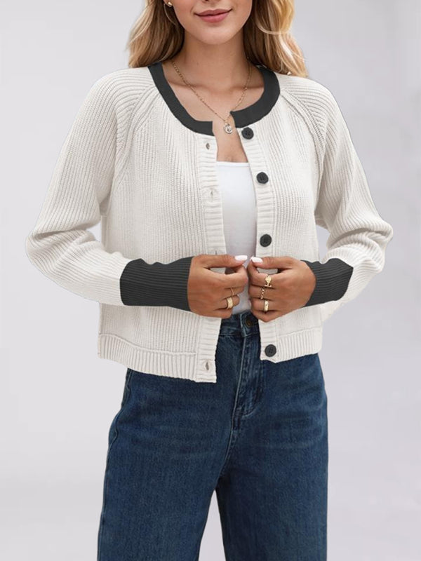 Buttoned Crop Cardigan Dual-tone Knit Jacket Cardigans | Chuzko.com