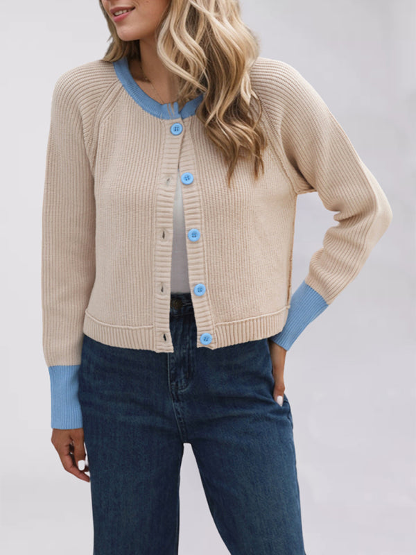 Buttoned Crop Cardigan Dual-tone Knit Jacket Cardigans | Chuzko.com