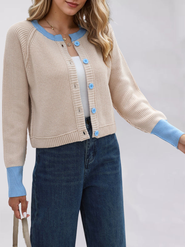 Buttoned Crop Cardigan Dual-tone Knit Jacket Cardigans | Chuzko.com