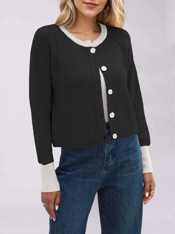 Buttoned Crop Cardigan Dual-tone Knit Jacket Cardigans | Chuzko.com