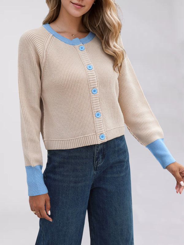 Buttoned Crop Cardigan Dual-tone Knit Jacket Cardigans | Chuzko.com