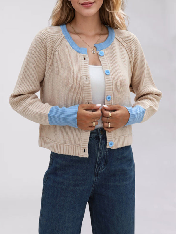 Buttoned Crop Cardigan Dual-tone Knit Jacket Cardigans | Chuzko.com