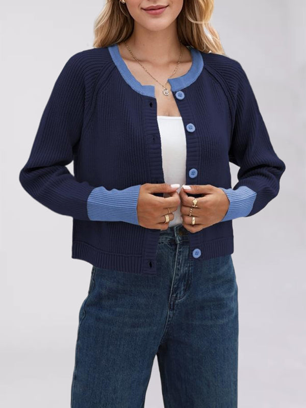 Buttoned Crop Cardigan Dual-tone Knit Jacket Cardigans | Chuzko.com