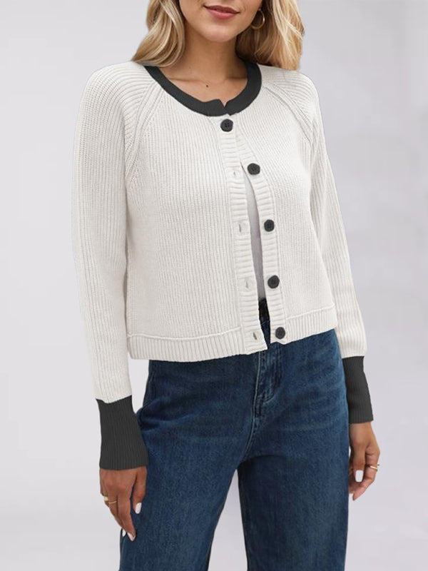 Buttoned Crop Cardigan Dual-tone Knit Jacket Cardigans | Chuzko.com