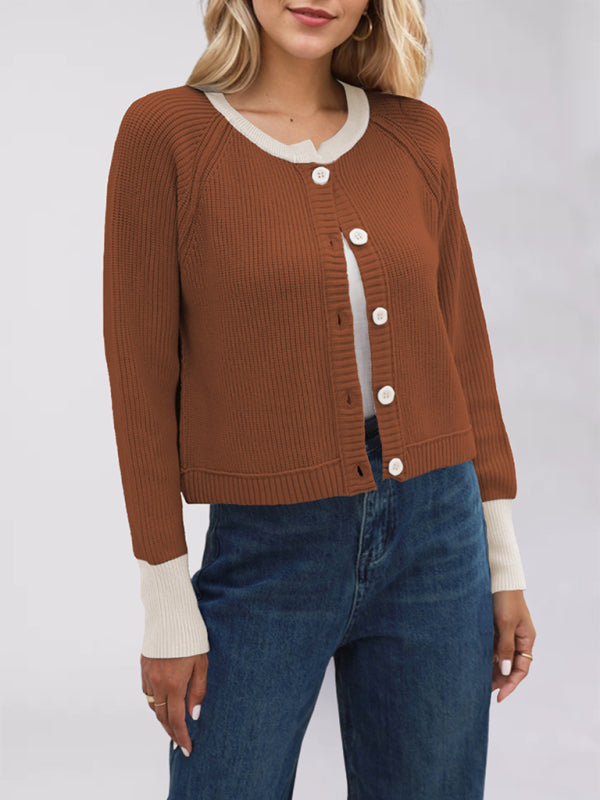 Buttoned Crop Cardigan Dual-tone Knit Jacket Cardigans | Chuzko.com