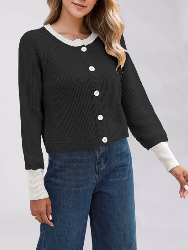 Buttoned Crop Cardigan Dual-tone Knit Jacket Cardigans | Chuzko.com