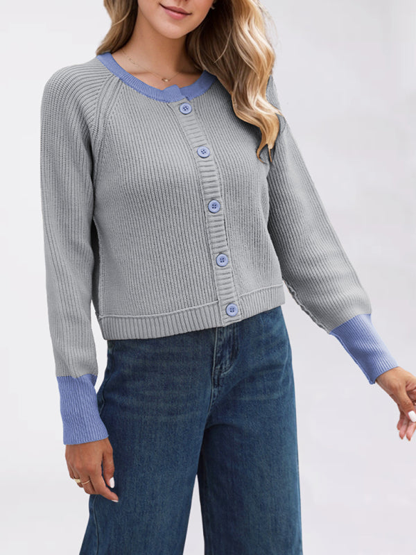 Buttoned Crop Cardigan Dual-tone Knit Jacket Cardigans | Chuzko.com