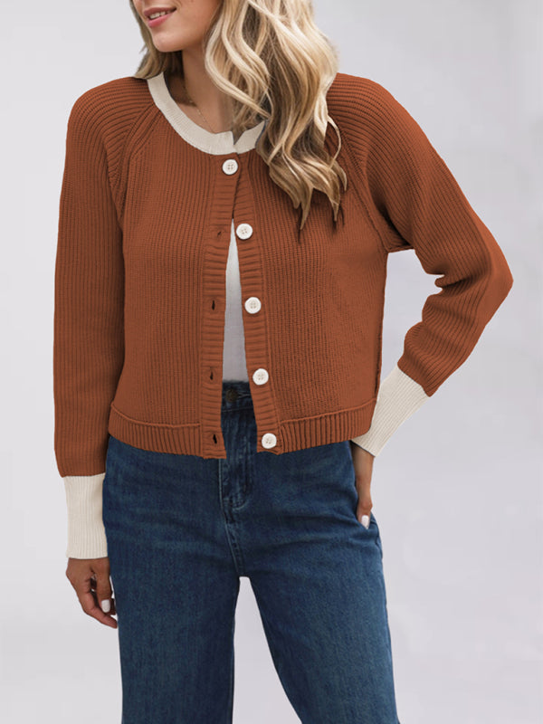 Buttoned Crop Cardigan Dual-tone Knit Jacket Cardigans | Chuzko.com