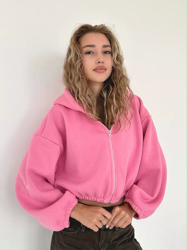 Crop Zip Hoodie Balloon Sleeve Sweatshirt Hoodies | Chuzko.com