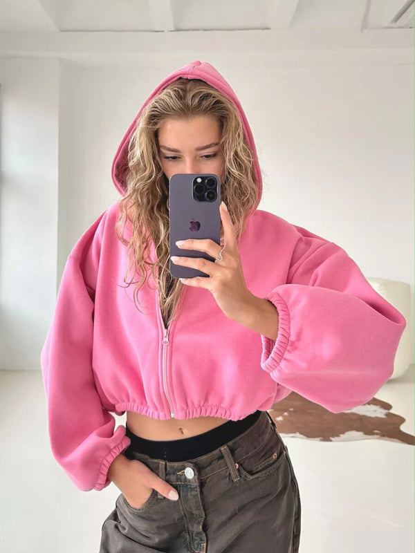 Crop Zip Hoodie Balloon Sleeve Sweatshirt Hoodies | Chuzko.com