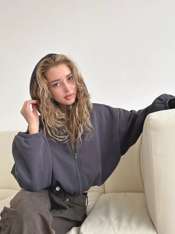 Crop Zip Hoodie Balloon Sleeve Sweatshirt Hoodies | Chuzko.com