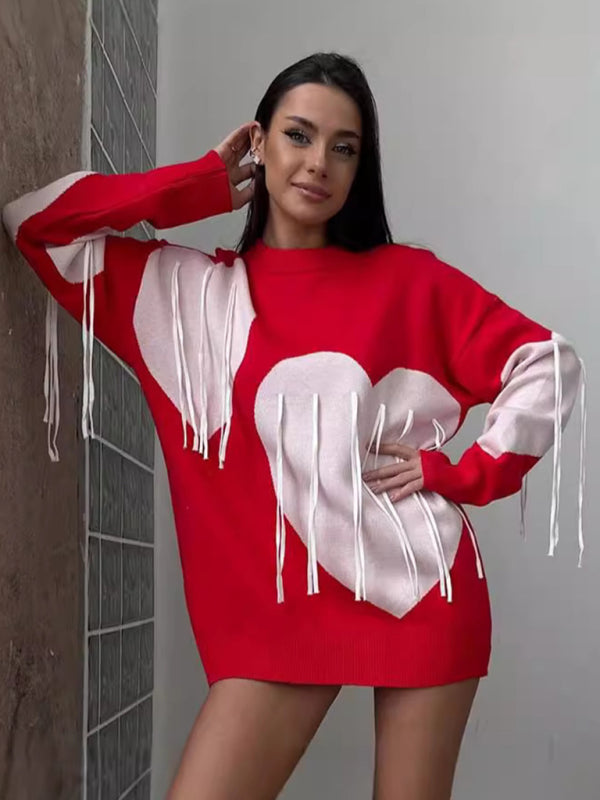 Oversized Heart Tassel Sweater Fringe Jumper Sweaters | Chuzko.com