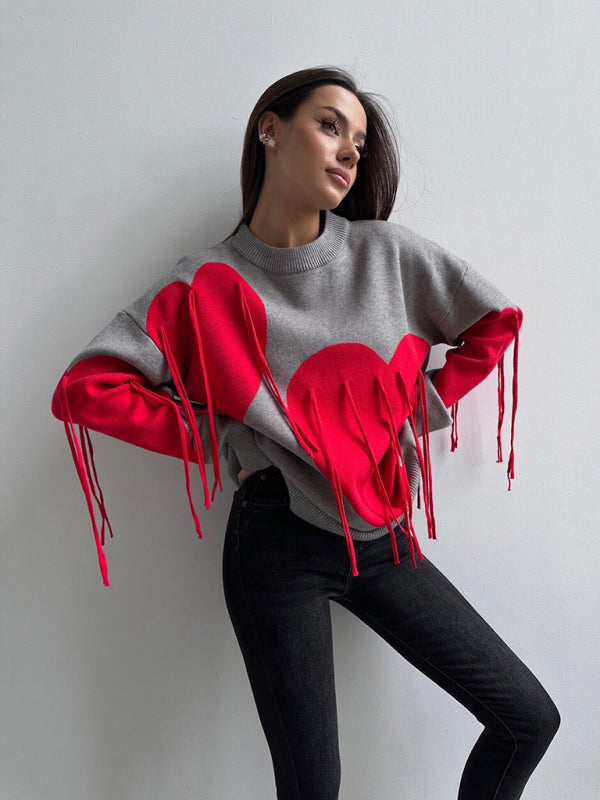 Oversized Heart Tassel Sweater Fringe Jumper Sweaters | Chuzko.com