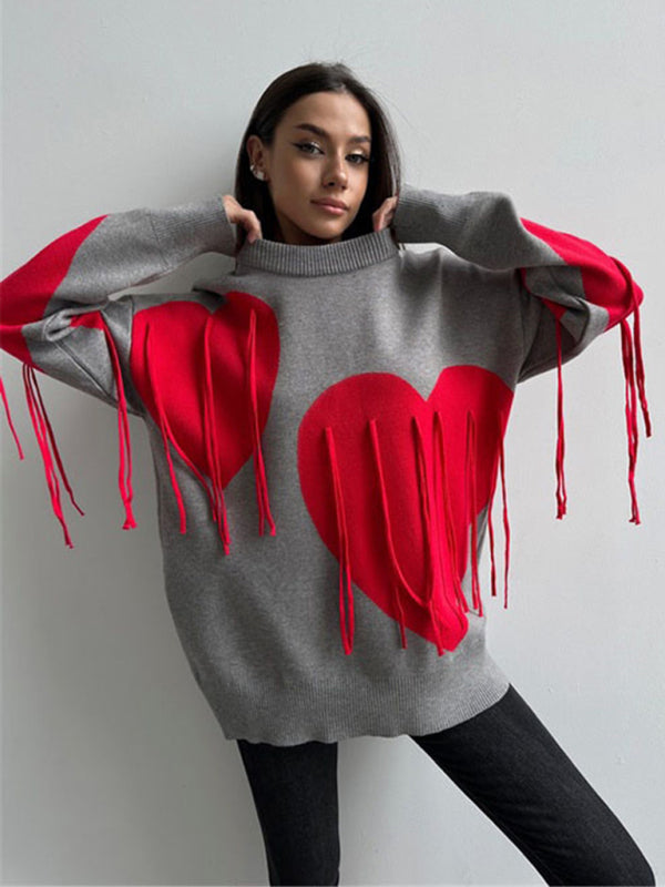 Oversized Heart Tassel Sweater Fringe Jumper Sweaters | Chuzko.com