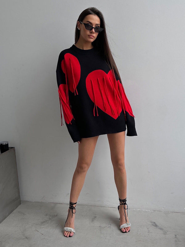 Oversized Heart Tassel Sweater Fringe Jumper Sweaters | Chuzko.com