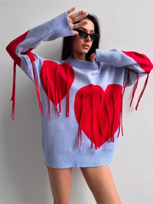 Oversized Heart Tassel Sweater Fringe Jumper Sweaters | Chuzko.com