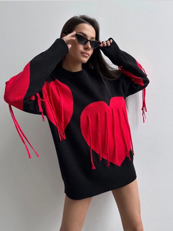 Oversized Heart Tassel Sweater Fringe Jumper Sweaters | Chuzko.com