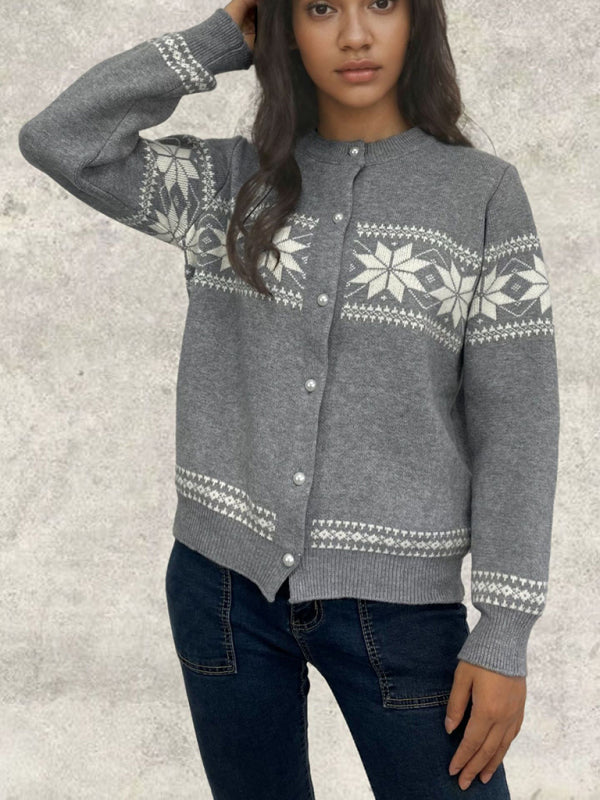 Winter Knit Buttoned Cardigan with Snowflake Design	