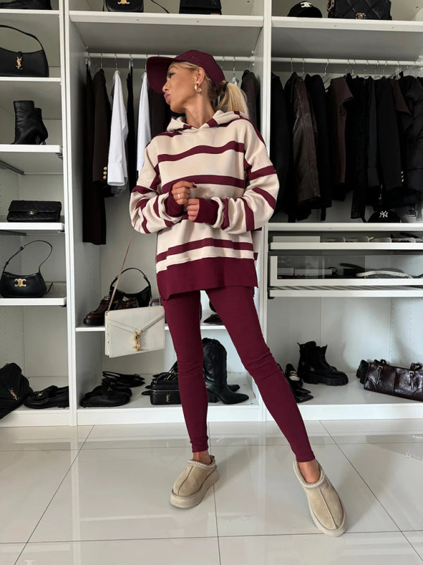 Striped Hoodie & Leggings Duo Loungewear Set Outfit Sets | Chuzko.com